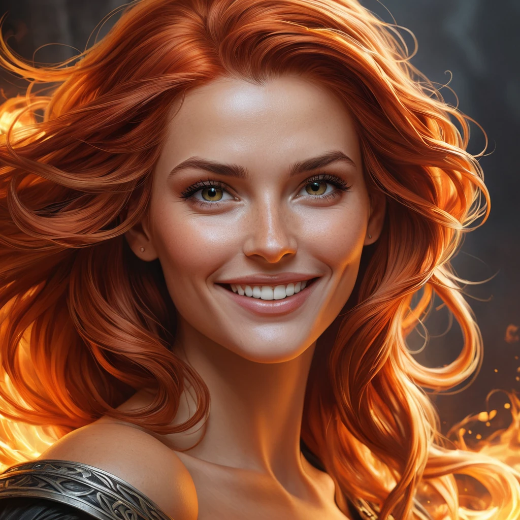 A stunning, fiery-haired woman with a mischievous grin, inspired by the fiery spirit of the sorceress, Philippa Eilhart