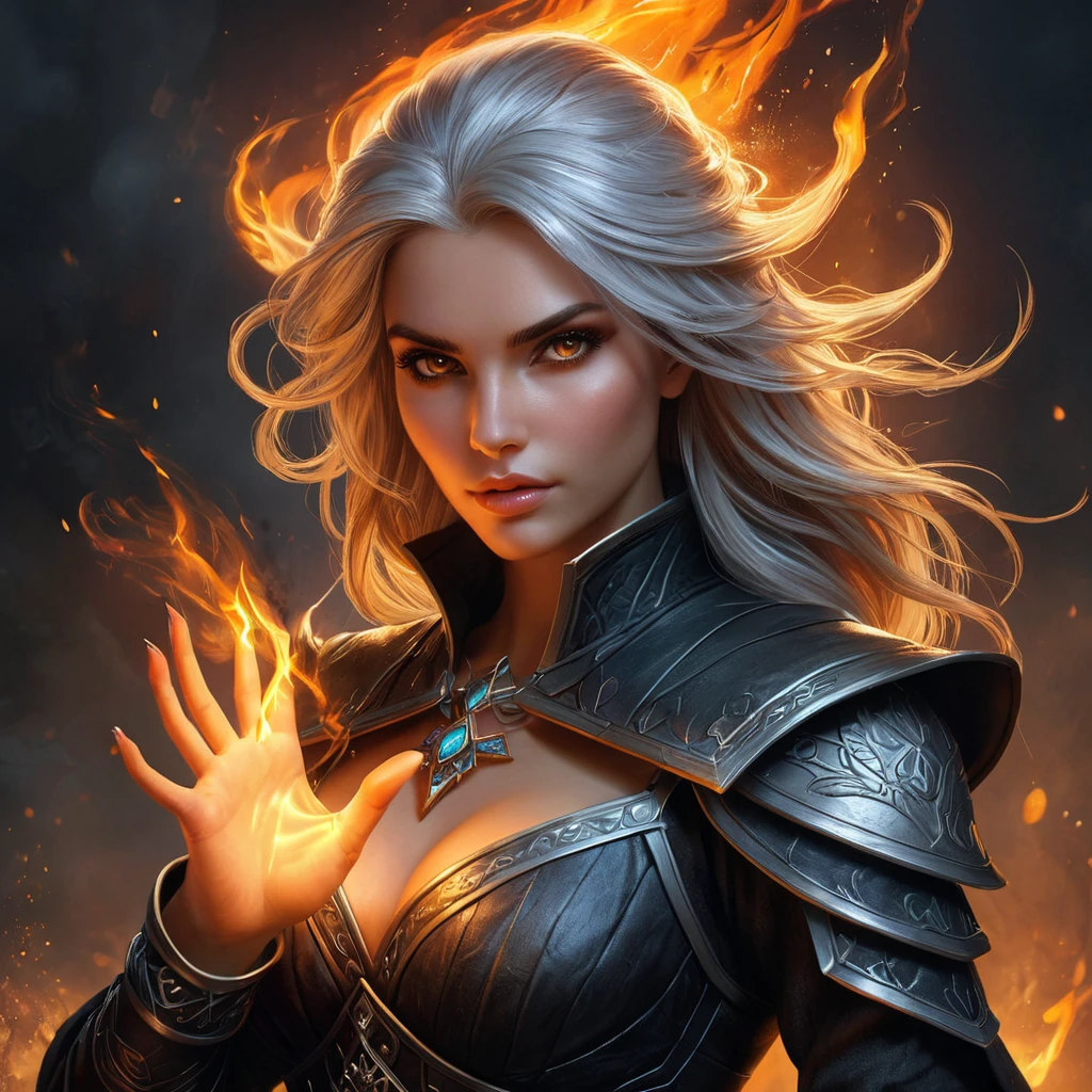 A stunning sorceress, inspired by the Witcher universe, with a fierce and powerful presence, her hair ablaze with fire, her eyes glowing with magic, her hands raised, commanding the elements