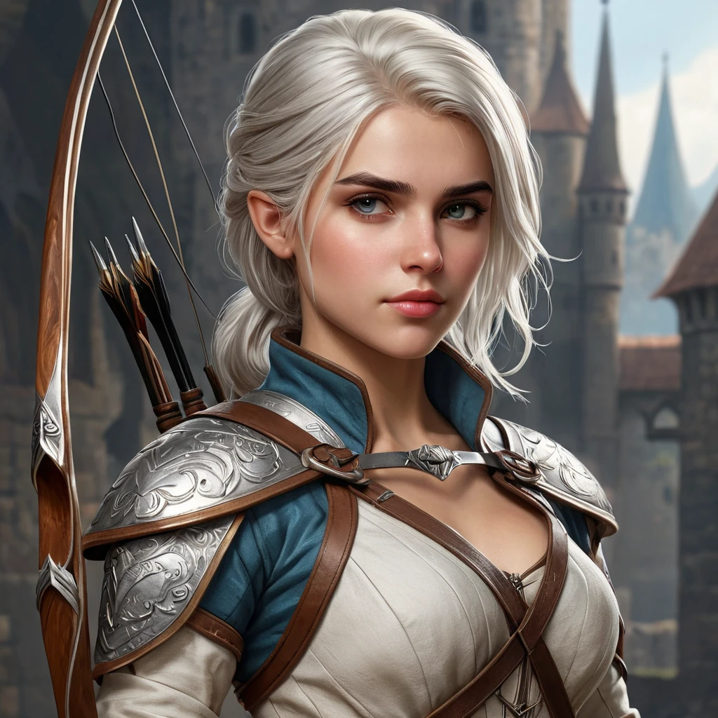 Ciri, the young princess, with a medieval-inspired outfit and a bow and arrow