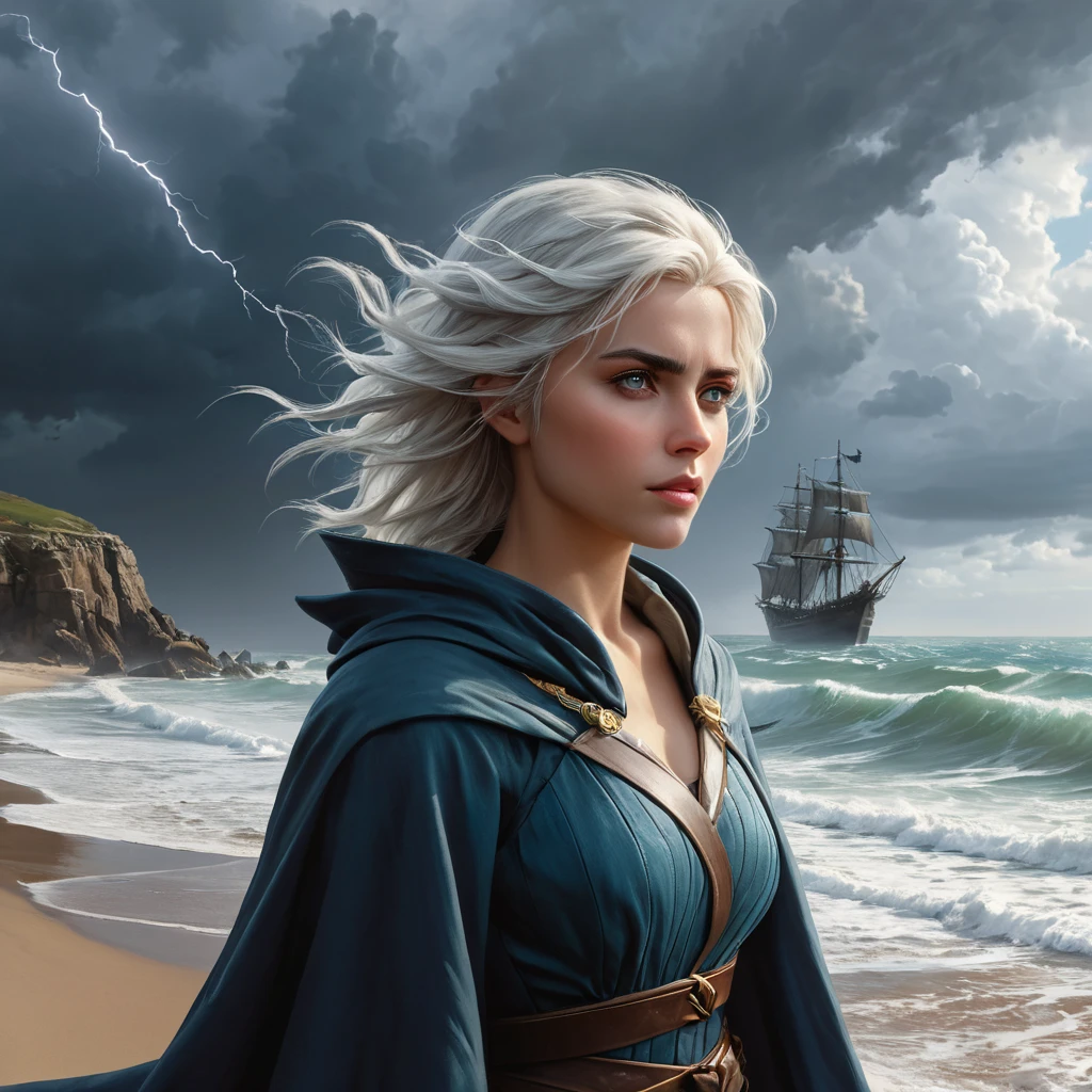 Ciri on a stormy beach, waves crashing around her, her hair and cloak billowing in the wind, her eyes focused on a distant, lightning-struck shipwreck