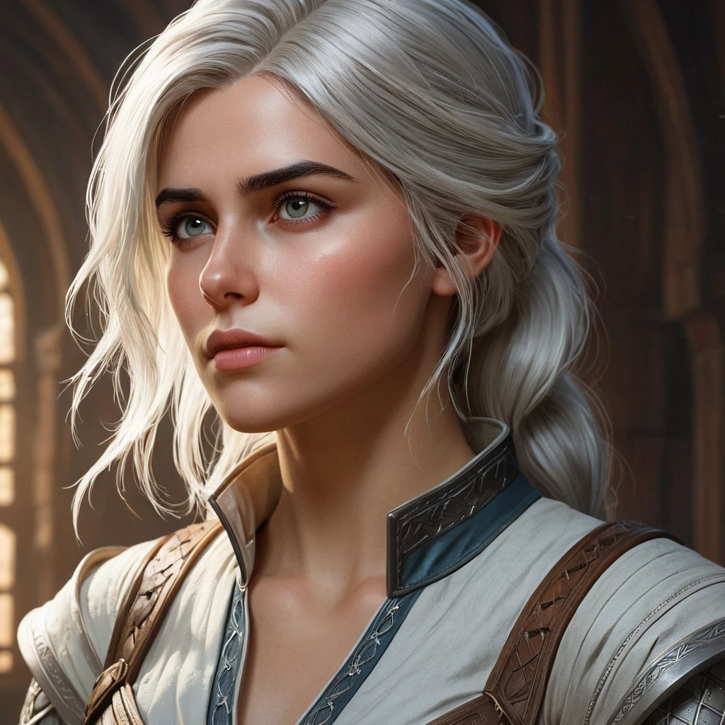 Ciri, the witcher's apprentice, in a moment of quiet reflection, her eyes filled with a sense of purpose and destiny. Atmospheric, introspective, and evocative.