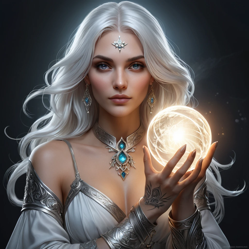 A fantasy portrait of a sorceress, inspired by the Witcher universe, with flowing white hair, intricate tattoos on her arms, and a captivating gaze, holding a glowing orb in her hand