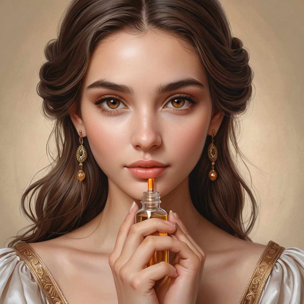 A close-up portrait of a young woman, inspired by Shani, her warm brown eyes filled with kindness, her hands delicately holding a vial of potion, a faint blush on her cheeks