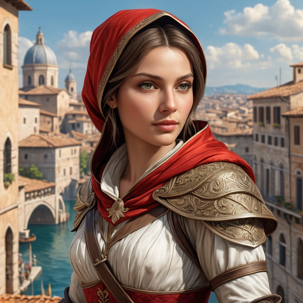 A stunningly beautiful woman from Assassin's Creed, rendered in the style of a Renaissance painting, with intricate details of her assassin outfit and a background of a bustling Italian city during the 15th century.