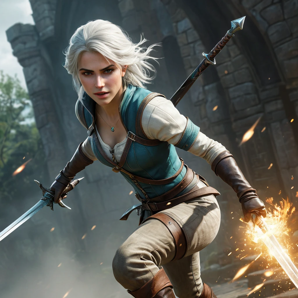 A dynamic action shot of Ciri from The Witcher 3 leaping through the air, sword in hand, with a blurred motion effect, capturing her agility and power.