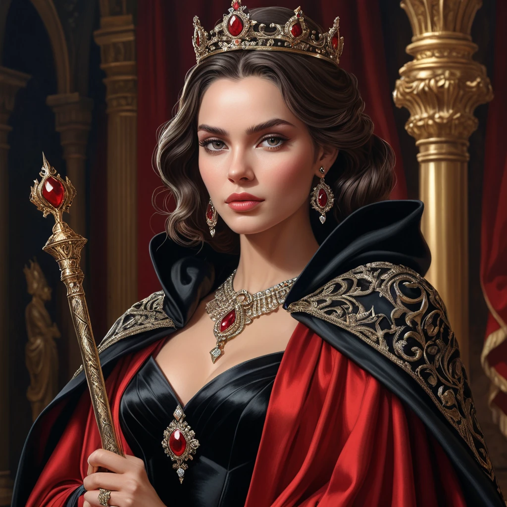 A majestic queen in a dress of deep scarlet, her shoulders draped in a cloak of shimmering black velvet, a scepter of carved ebony in her hand as she stands tall and proud, her eyes reflecting the strength and determination that has made her a formidable ruler.