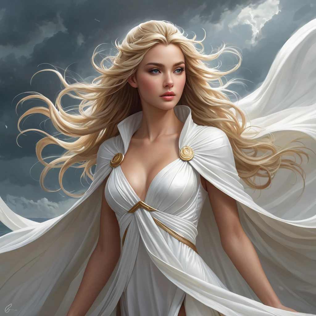 A serene and peaceful image of Janna, the Storm's Fury, with a flowing white cloak and a gentle breeze