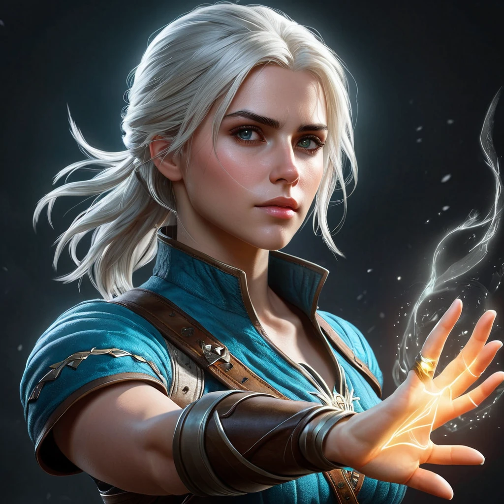 A powerful image of Ciri from The Witcher 3 using her magical abilities, with glowing runes surrounding her, and a wave of energy emanating from her hand.