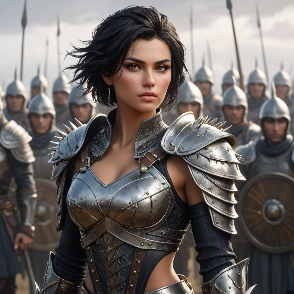 A fierce and beautiful warrior, inspired by the Nilfgaardian army, with short, spiky black hair and piercing brown eyes, standing in a battle-ready pose