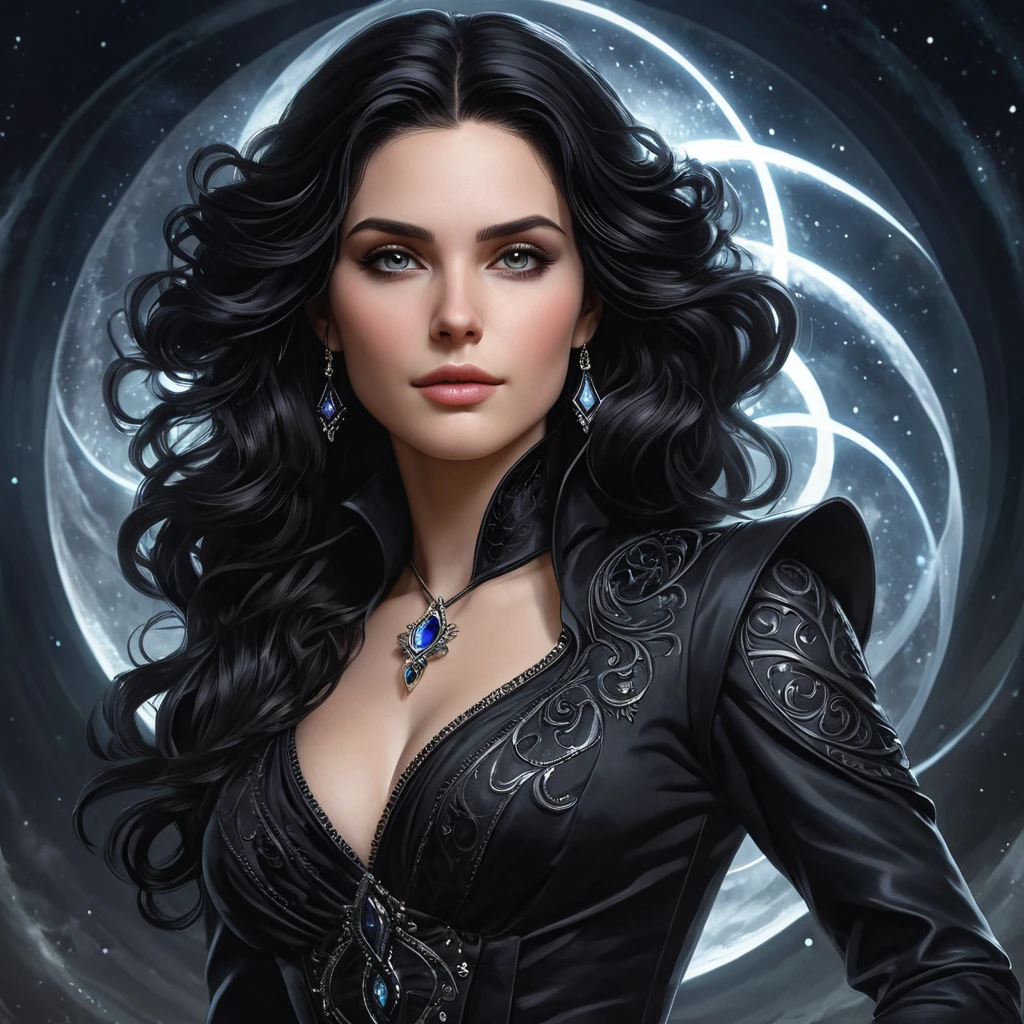 Yennefer of Vengerberg, her elegant black dress shimmering under the moonlight, her face a mixture of power and grace, surrounded by a swirling vortex of magic