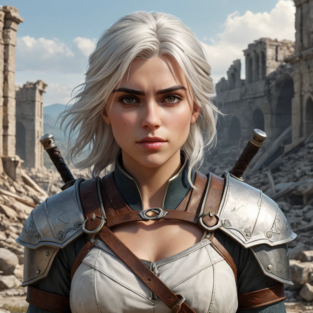 Ciri, the fierce and resilient warrior, standing tall amidst the ruins of a battlefield, her expression one of determination and strength. Gritty, realistic, and cinematic.