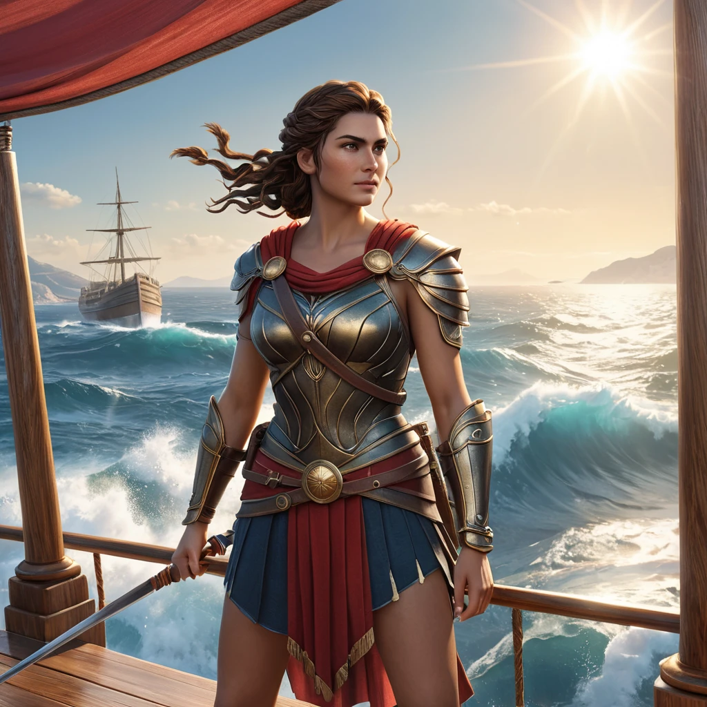 Kassandra from Assassin's Creed Odyssey, standing on the deck of a Greek warship, with the sea waves crashing around her, her armor gleaming under the sun, and her spear ready for the next adventure.