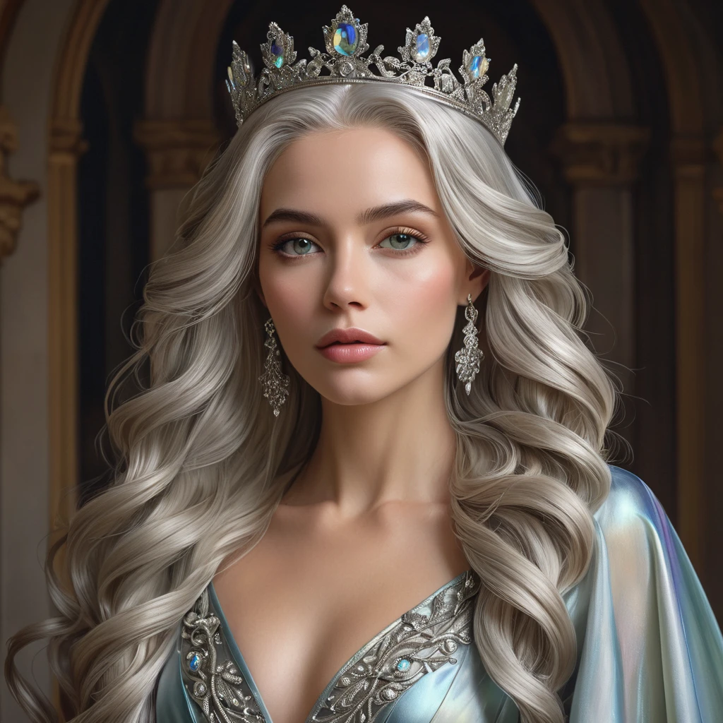 A regal queen in a flowing gown of iridescent silk, her long silver hair adorned with a crown of delicate, twisting vines, her gaze commanding respect and admiration from all who see her.