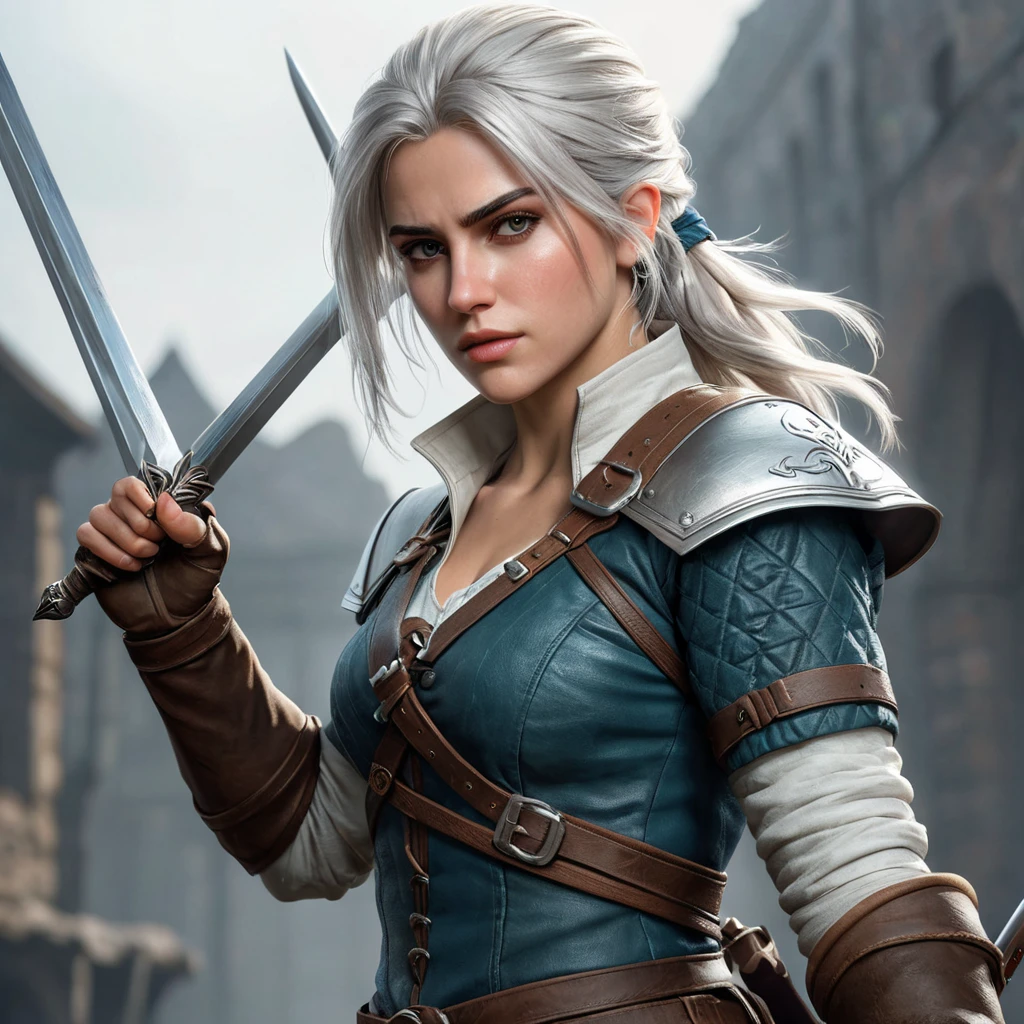 Ciri, the fierce and powerful witcher, wielding her sword in a dynamic action pose. Highly detailed, gritty, and realistic rendering.