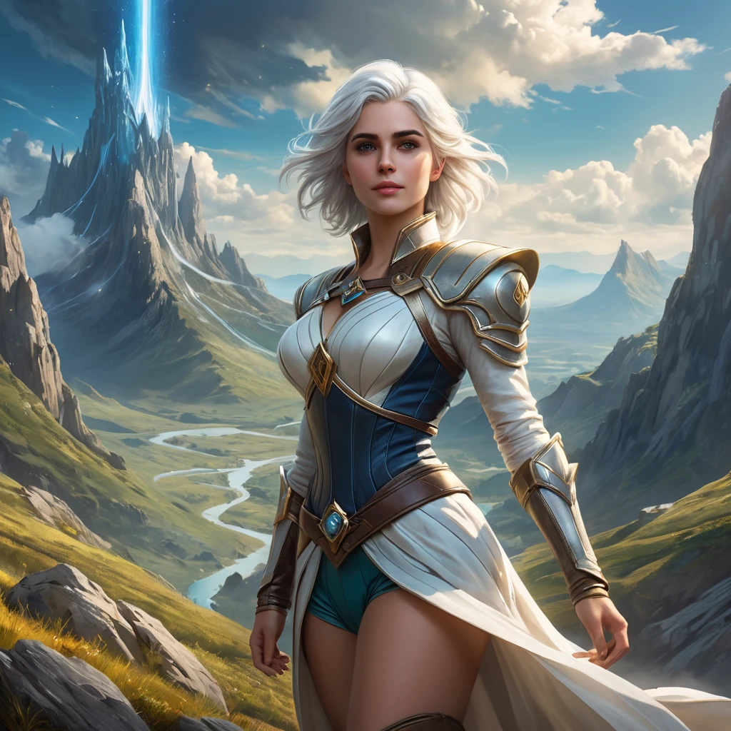 Ciri, the Lady of Time and Space, traversing a vast, otherworldly landscape, her powers manifesting in a dazzling display. Surreal, imaginative, and visually stunning.