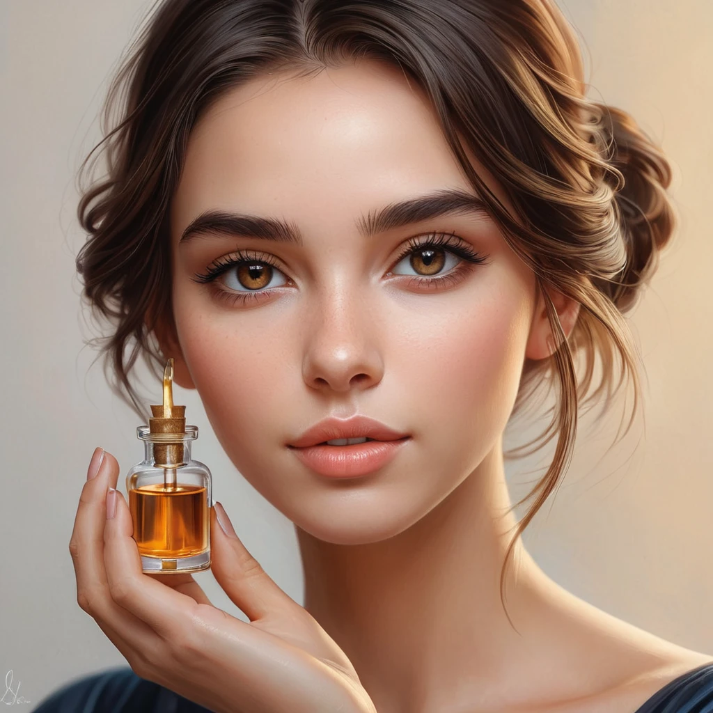 A close-up portrait of a young woman, inspired by Shani, her warm brown eyes filled with kindness, her hands delicately holding a vial of potion, a faint blush on her cheeks