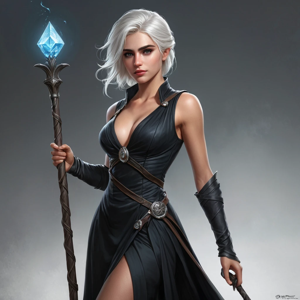 Ciri, the sorceress, with a flowing black dress and a staff in hand