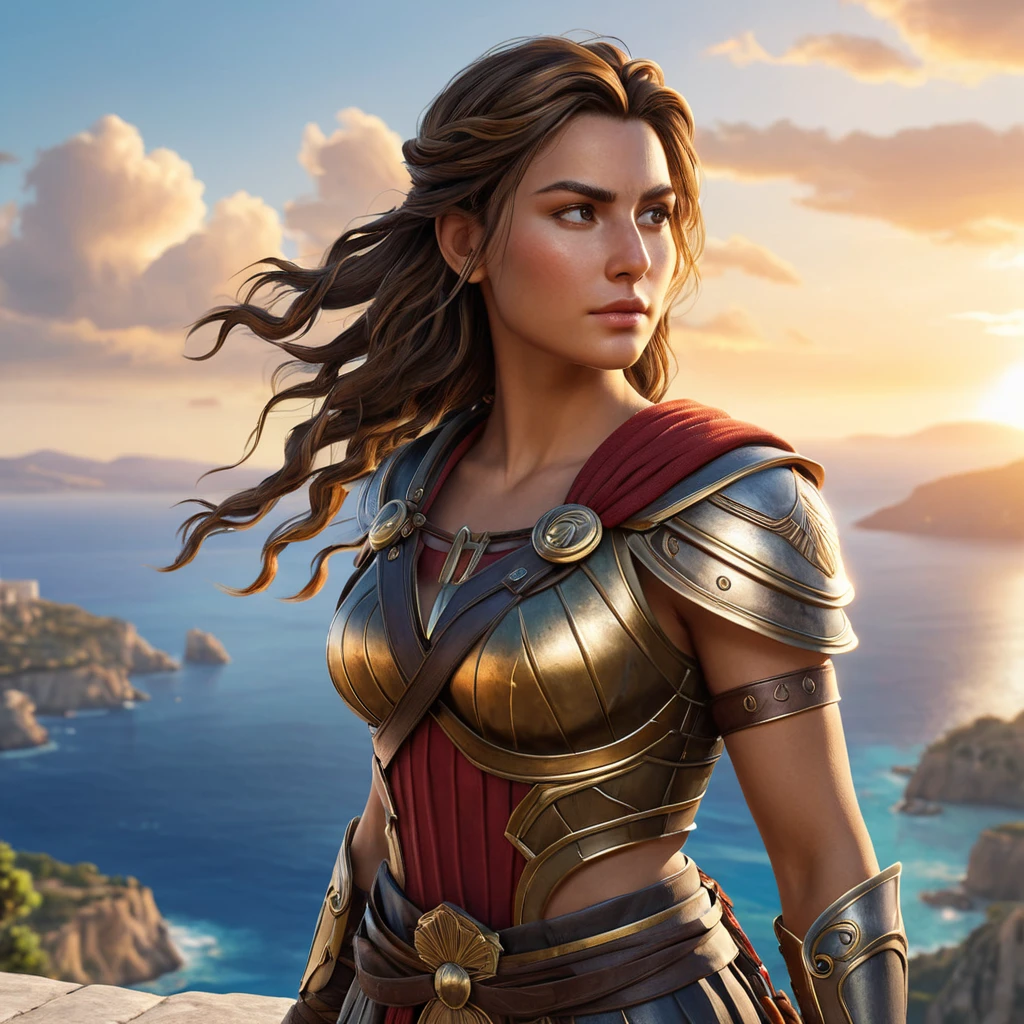 Kassandra from Assassin's Creed Odyssey, overlooking a breathtaking sunset on a Greek island, with her armor reflecting the warm light, her hair flowing in the wind, capturing a moment of calm and strength.