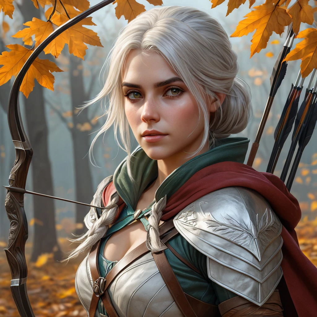 Ciri, the huntress, with a bow and quiver full of arrows and a cloak of leaves