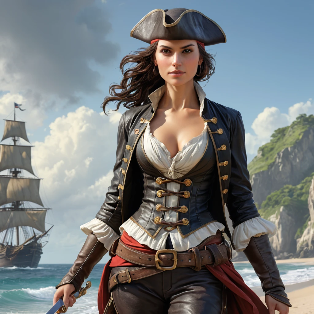 Mary Read, the female Assassin from the Golden Age, with a pirate's outfit and a trusty cutlass