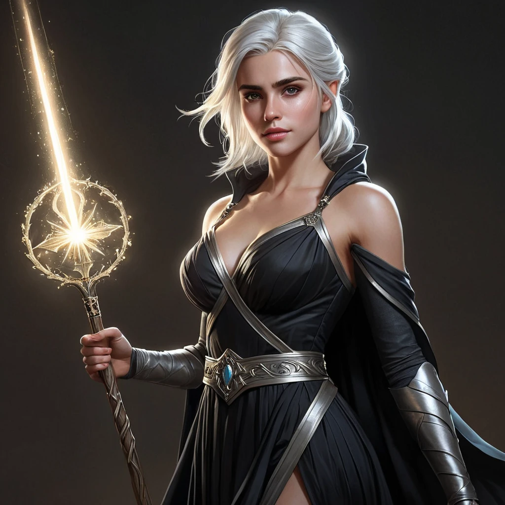 Ciri, the sorceress, with a flowing black dress and a staff in hand, surrounded by a halo of light