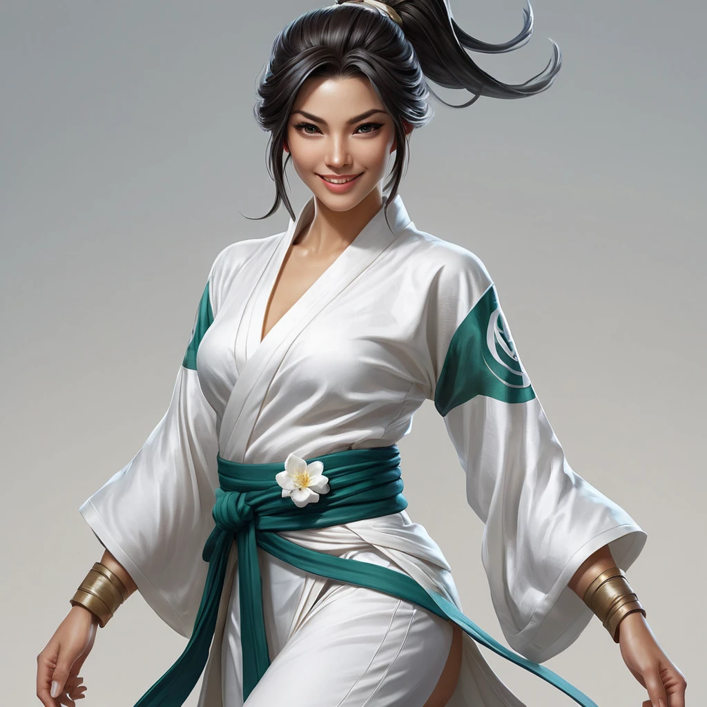 A beautiful and ethereal image of Akali, the Rogue Assassin, with a flowing white kimono and a subtle smile