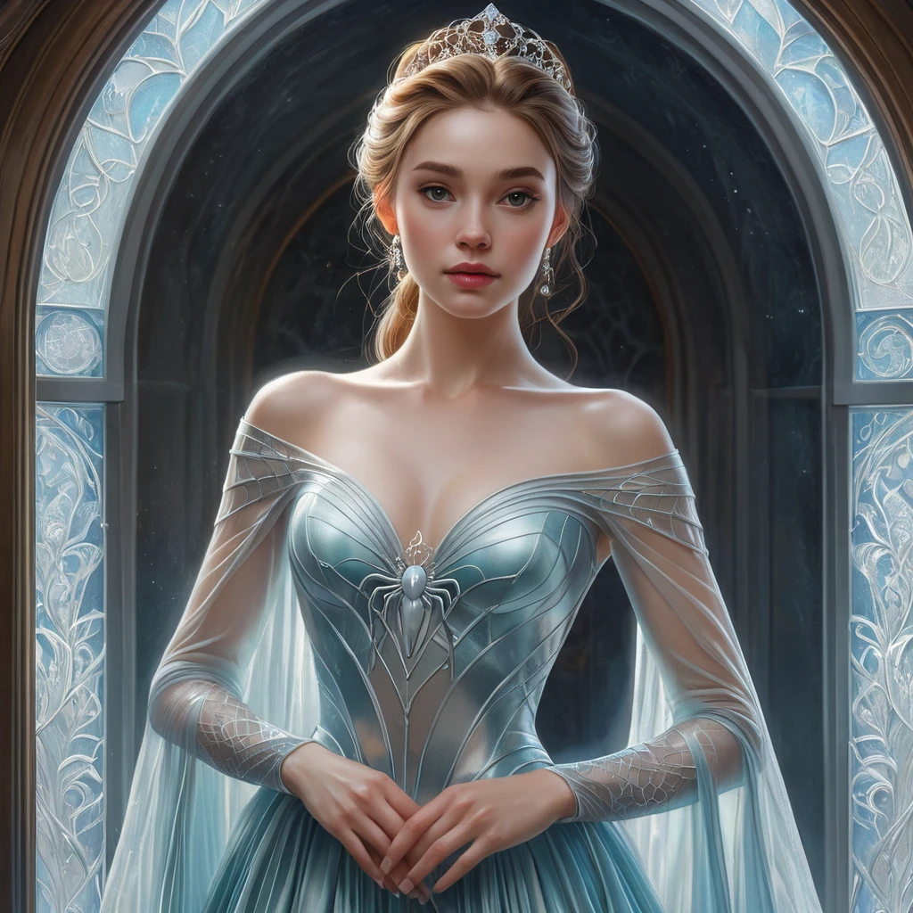 A princess with skin as pale as the moon, wearing a gown of spider silk, standing in a chamber of frosted glass where the light refracts into a thousand colors.