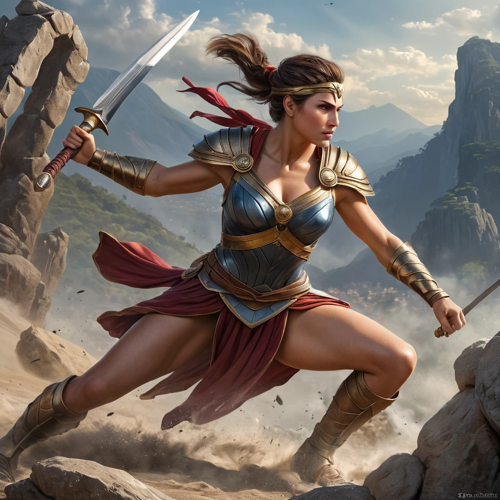 A dramatic action scene of Kassandra, the fierce Spartan warrior, engaged in a brutal battle against a towering mythological creature, her determination and skill shining through.