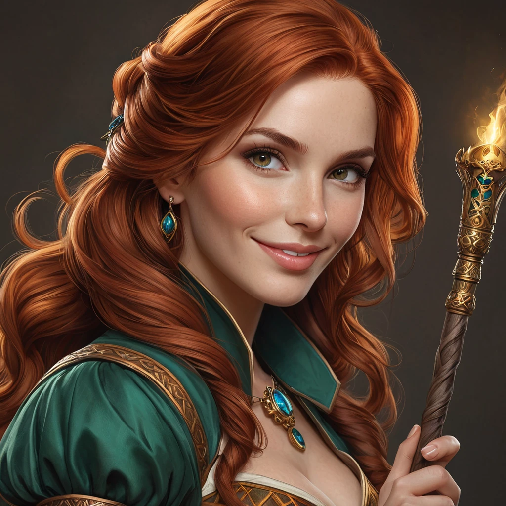 A portrait of Triss Merigold, her auburn hair cascading down her shoulders, a mischievous smile playing on her lips, holding a staff that crackles with magic