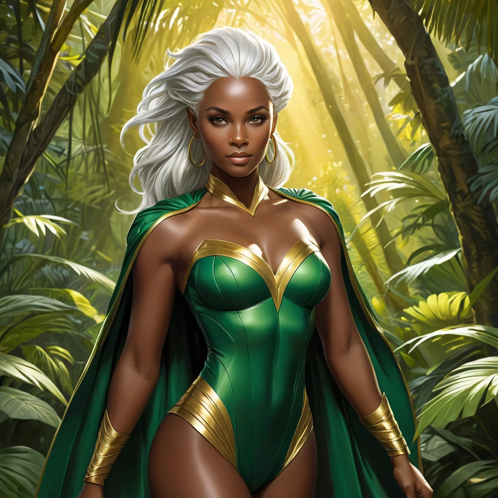 Ororo Munroe in a flowing green costume, her dark skin glowing with a warm golden light, standing in a lush jungle