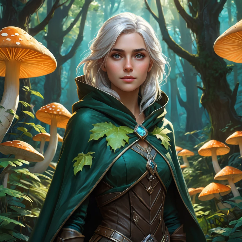 Ciri in a lush, overgrown forest, surrounded by glowing mushrooms and ancient trees, her eyes reflecting the soft bioluminescence, wearing a cloak made of leaves and twigs