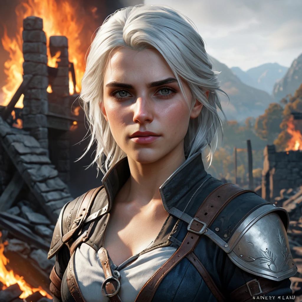 Ciri from The Witcher 3 in a dramatic scene, standing in the ruins of a burning village, her face hardened with resolve, with embers and ashes floating around her.