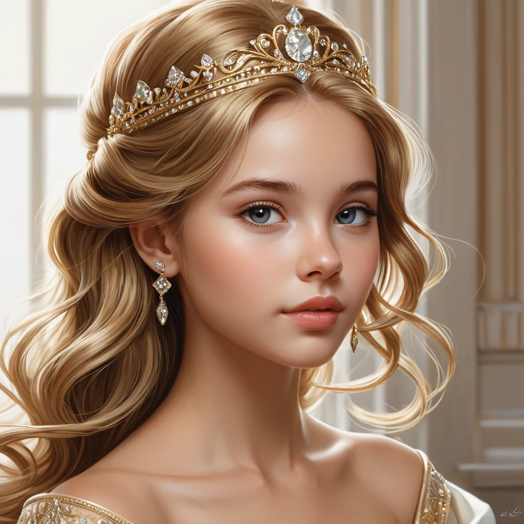 A young princess with hair the color of spun gold, her delicate features accented by a tiara of gleaming platinum, her expression a blend of wisdom and innocence as she surveys her domain.