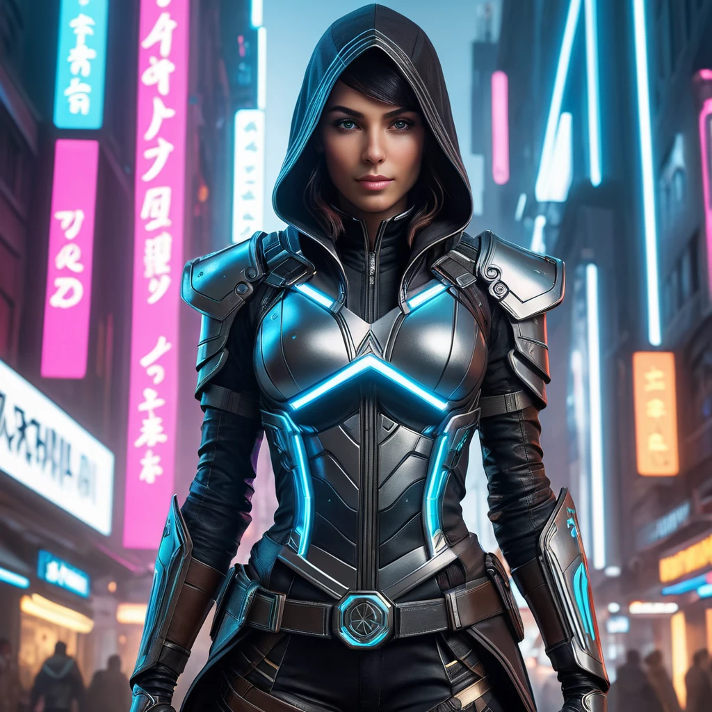 Create an image of a beautiful Assassin's Creed woman in a futuristic cyberpunk setting, her outfit blending traditional assassin garb with neon-lit cybernetic enhancements, standing under a towering holographic advertisement.