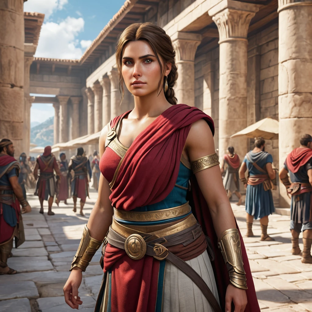 Kassandra from Assassin's Creed Odyssey, in an ancient Greek marketplace, blending into the crowd while keeping a vigilant eye, her posture relaxed but ready to spring into action, capturing the essence of a skilled mercenary.