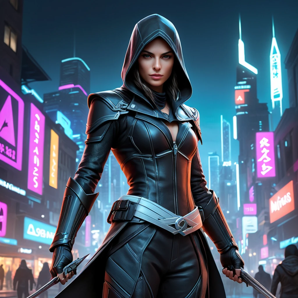 a female Assassin from the Assassin's Creed franchise, with a captivating, enigmatic presence and a sleek, streamlined outfit, in a futuristic, neon-infused cityscape