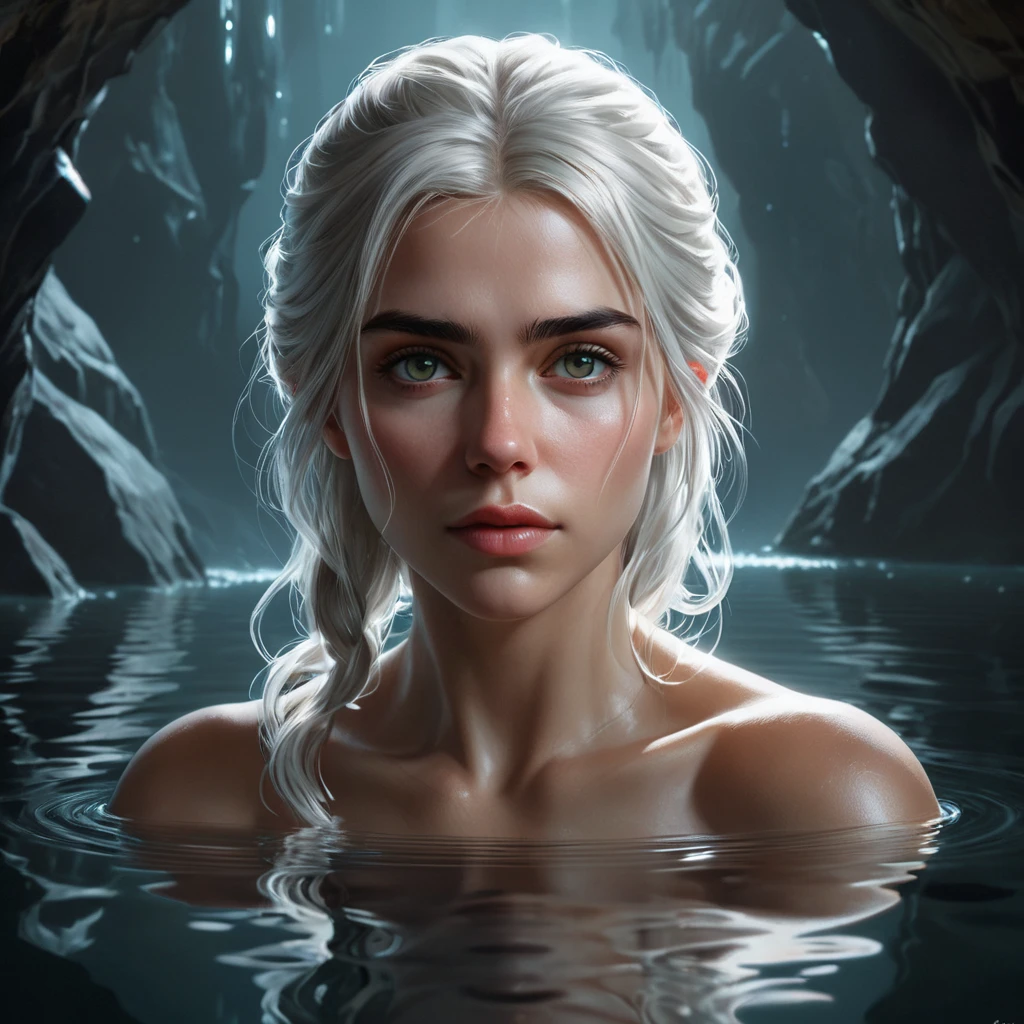 Ciri in a dark, cavernous underground lake, the water illuminated by glowing crystals, her reflection clear in the still water, her expression contemplative