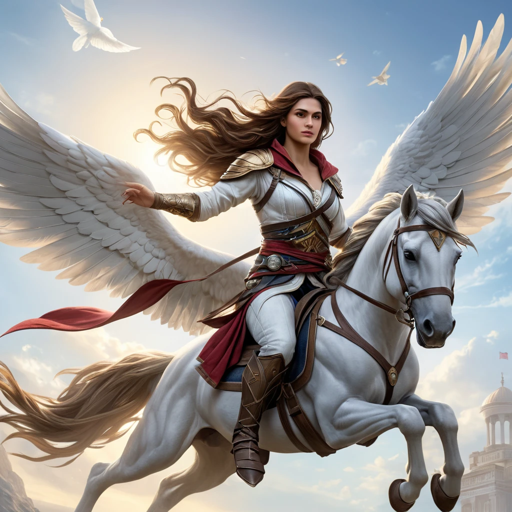 Kassandra, the Misthios of Assassin's Creed, soaring through the air on a magnificent pegasus, her flowing hair and billowing cloak capturing the essence of her unwavering spirit.