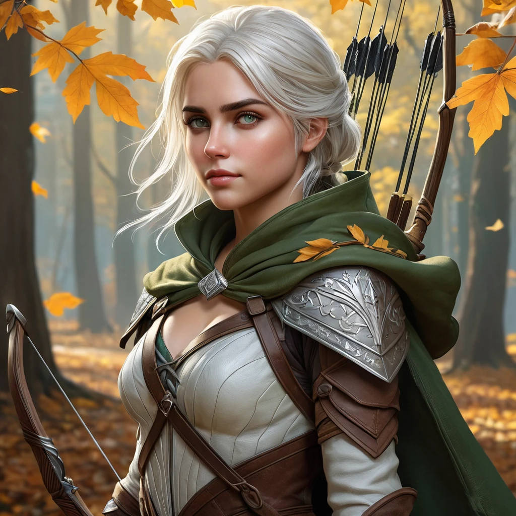 Ciri, the huntress, with a bow and quiver full of arrows and a cloak of leaves