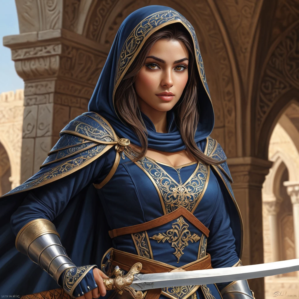 Layla Hassan, the Assassin of the Crusades, with a medieval Arabic outfit and a scimitar