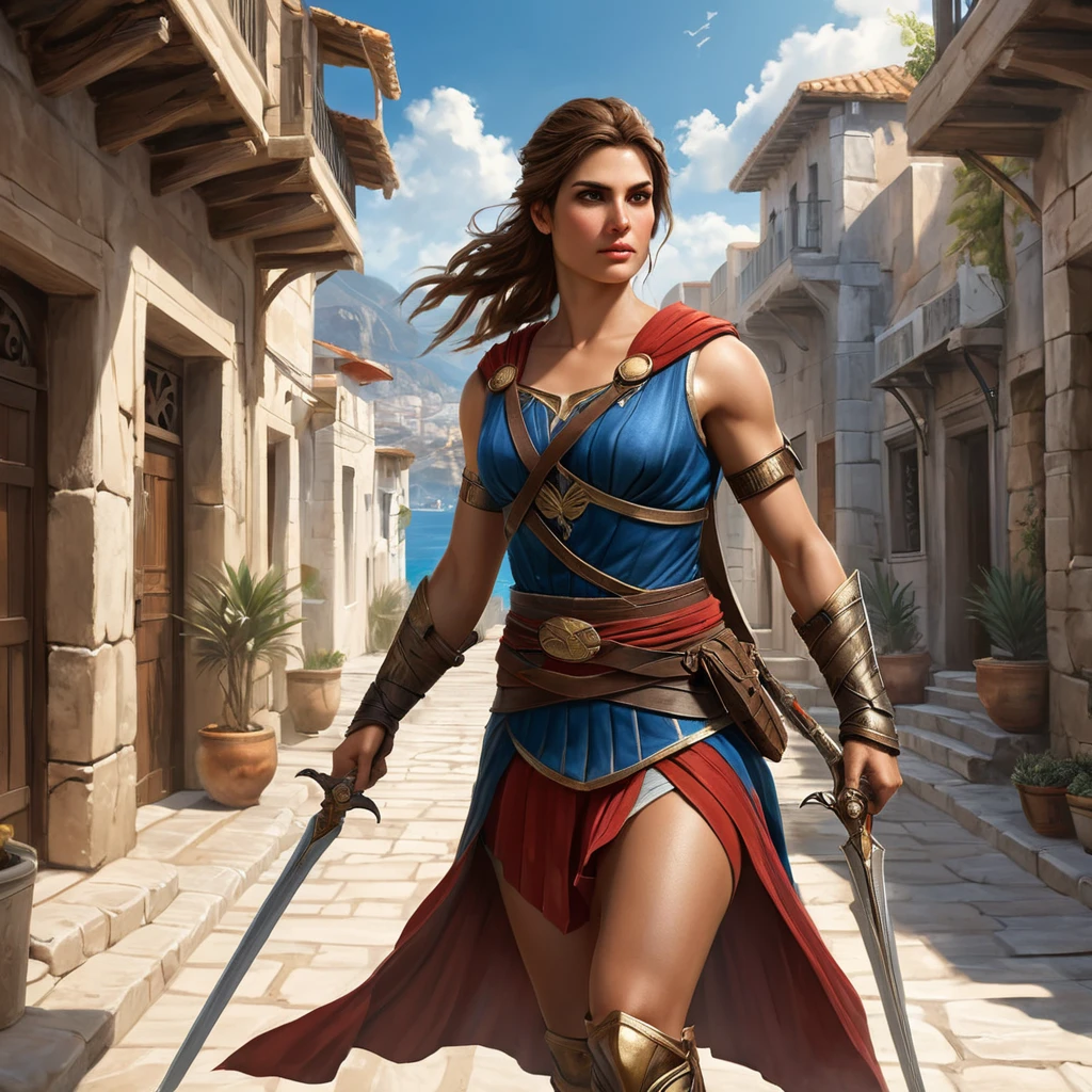 Kassandra, the legendary mercenary of Assassin's Creed, navigating the ancient streets of a bustling Greek city, her Spear of Leonidas gleaming in the sunlight.