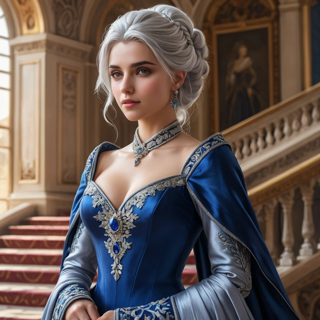 Ciri in a grand, opulent palace hall, dressed in a regal gown of deep blue and silver, her hair styled elegantly, standing before a grand staircase