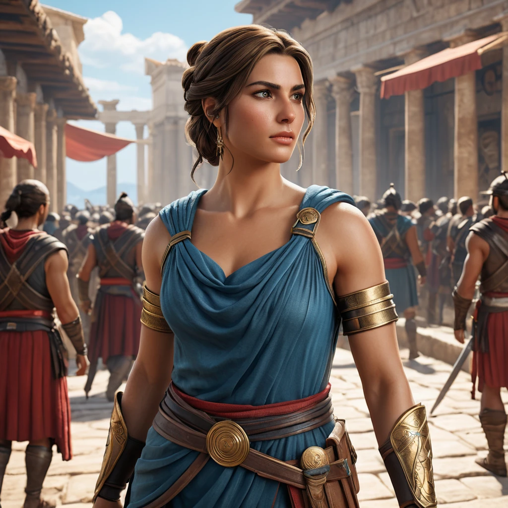 Kassandra from Assassin's Creed Odyssey, in an ancient Greek marketplace, blending into the crowd while keeping a vigilant eye, her posture relaxed but ready to spring into action, capturing the essence of a skilled mercenary.