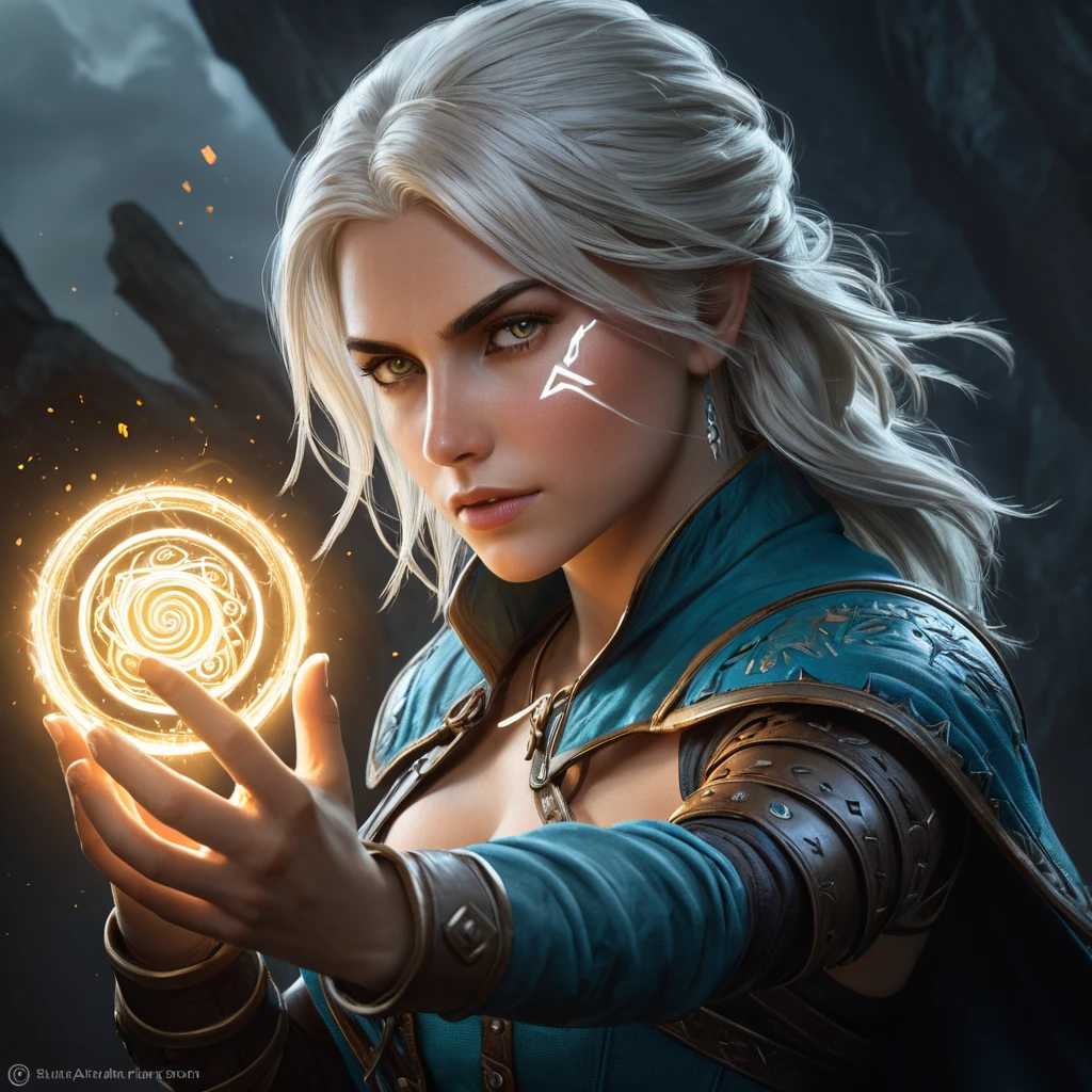 A powerful image of Ciri from The Witcher 3 using her magical abilities, with glowing runes surrounding her, and a wave of energy emanating from her hand.