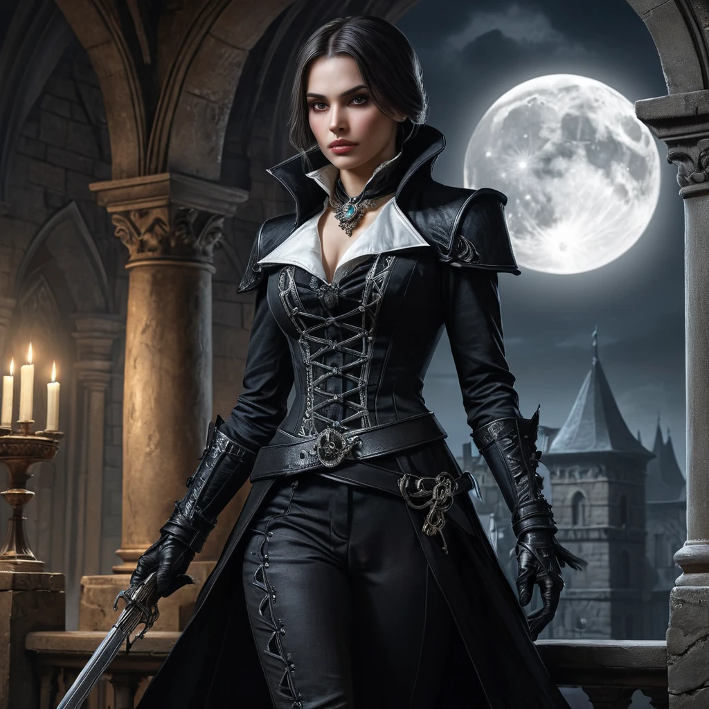 A stunning Assassin's Creed woman in a gothic vampire castle, her outfit a dark, elegant blend of Victorian mourning attire and lethal assassin weapons, the moon casting eerie shadows.