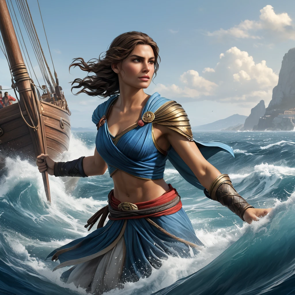 Kassandra, the enigmatic protagonist of Assassin's Creed, navigating the treacherous waters of the Aegean Sea, her ship cutting through the waves with grace and power.