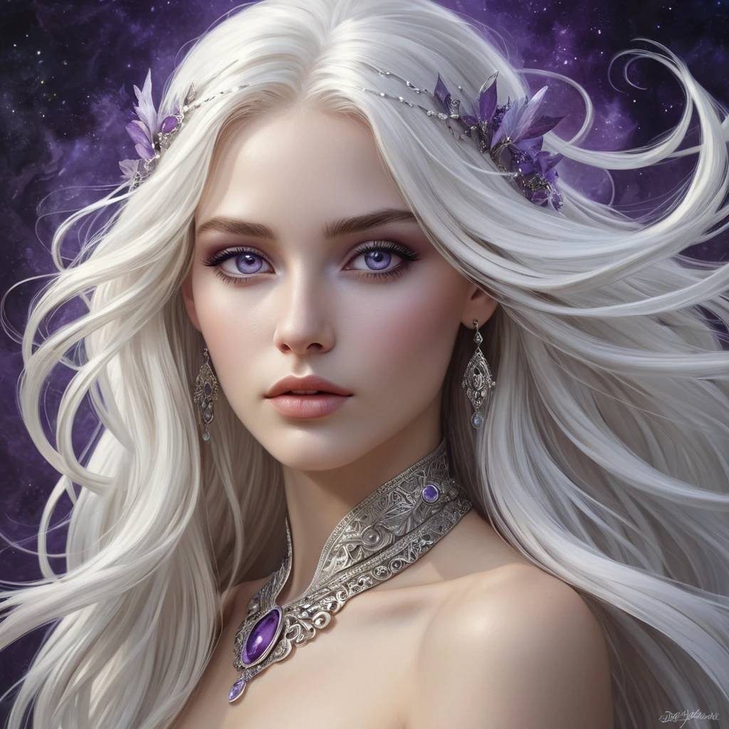 A mystical, ethereal woman with long, flowing white hair and piercing violet eyes, inspired by the ancient magic of the Continent