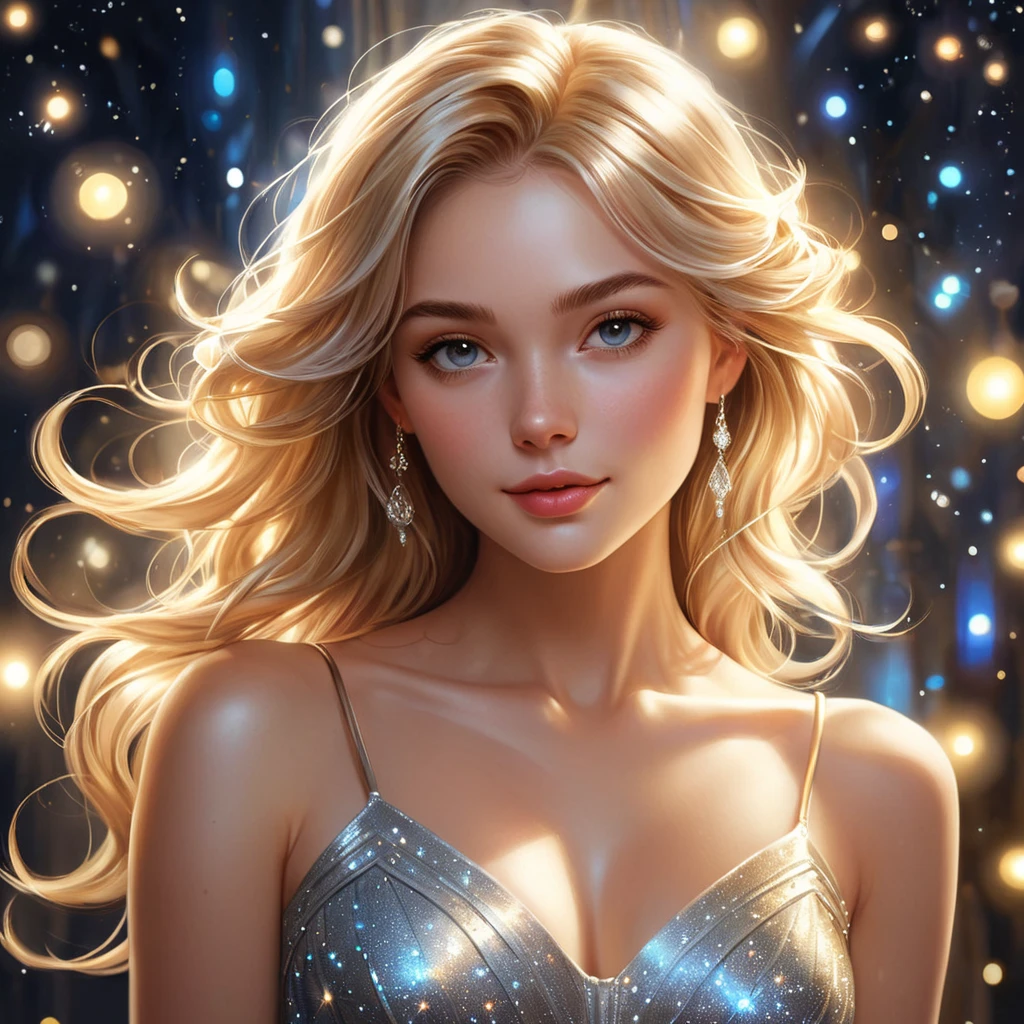 A whimsical depiction of Lux, the Lady of Luminosity, surrounded by sparkling lights and a soft glow