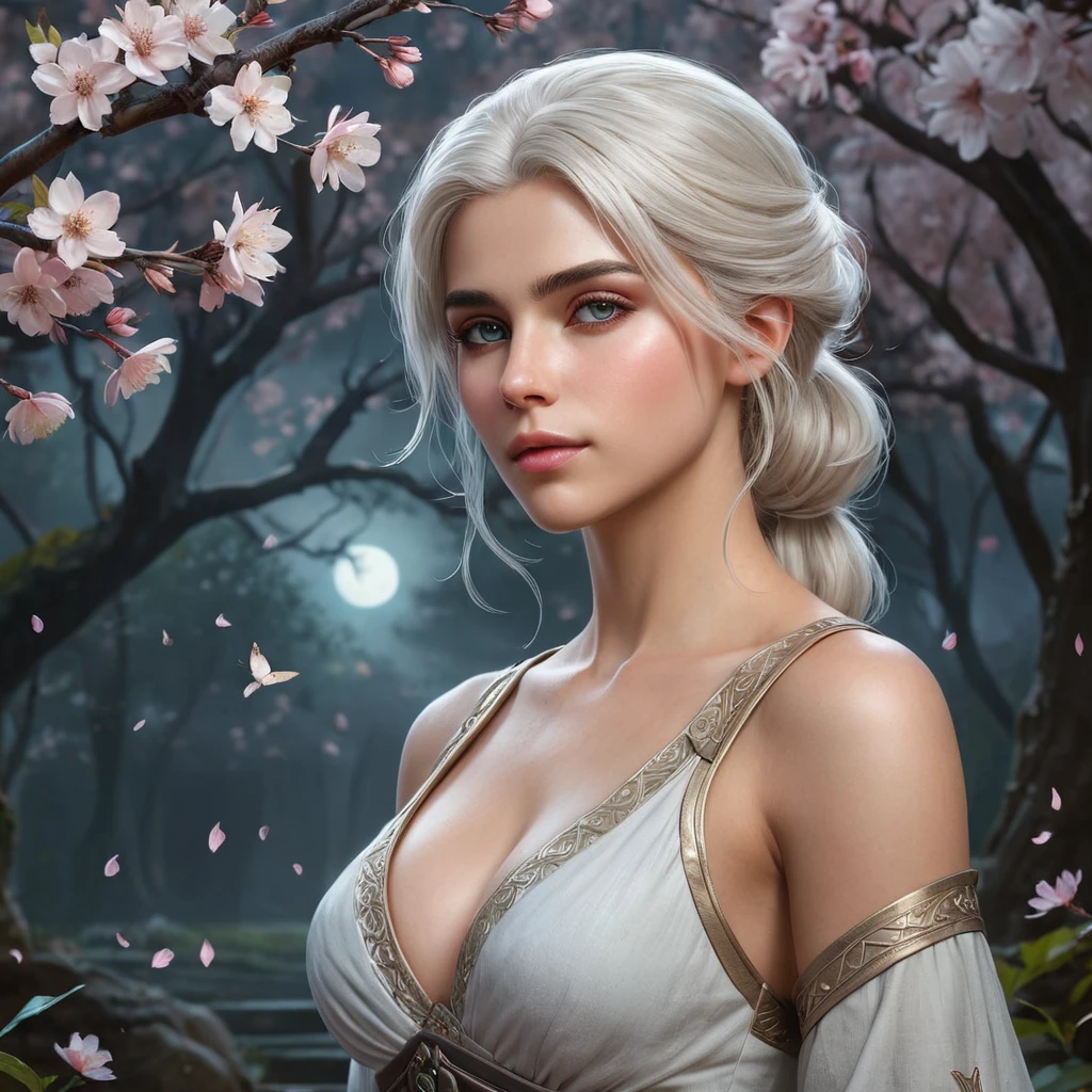 Ciri in a serene, moonlit garden, cherry blossoms falling around her, her face serene, a soft, mystical mist enveloping the scene