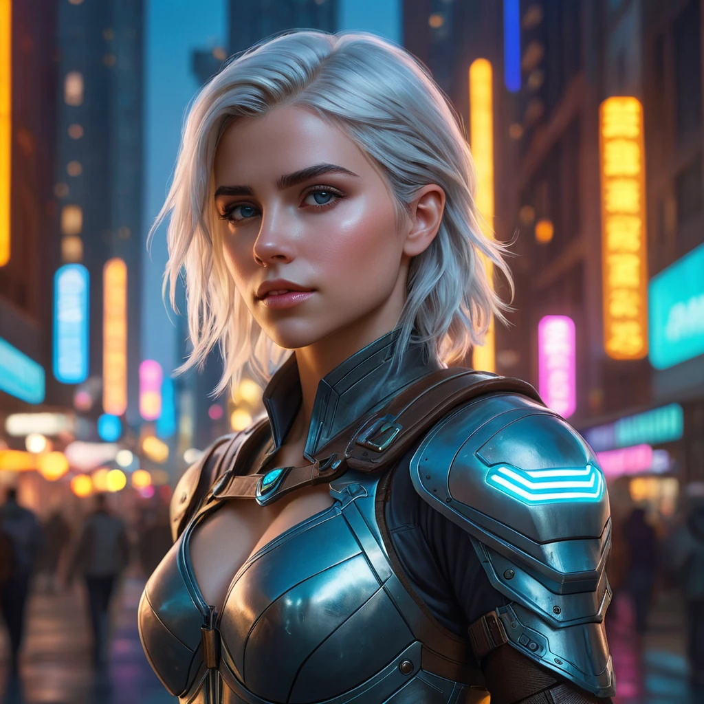 Ciri in a bustling, futuristic cityscape at dusk, neon lights reflecting off her armor, her face illuminated by the glow of a digital map floating in front of her